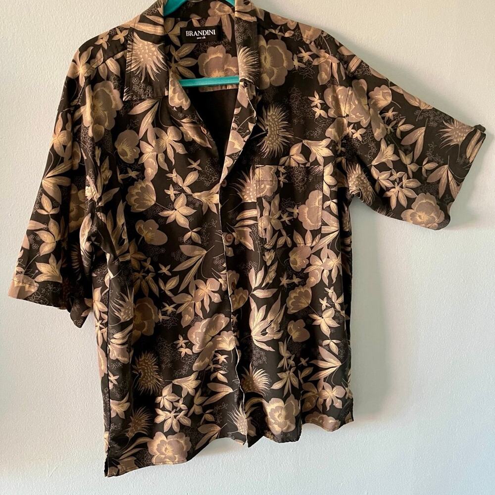 Brandini Button Up Shirt Mens Large Short Sleeve Hawaiian Print Pure Silk XL